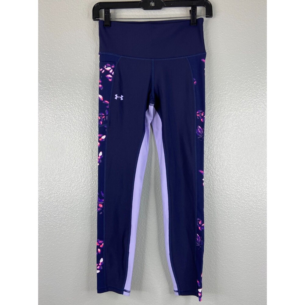 Under Armour Women Small Blue Floral Leggings Compression Heat Gear